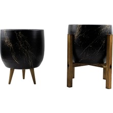 CetKing Tasarımı Ev Dekorasyon Aksesuar Siyah Üzeri Gold Mermer Efektli Toprak Saksı Saksılık Salon Çiçeklik Ikili Set 3 Ayaklı- 4 Ayaklı- 19 cm
