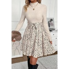 Mossta Balıkçı Yaka  Üst Kaşkorse Eteği Dalgıç Kısa Elbise Bej