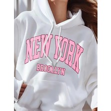 "new York Brooklyn" Harf Baskılı, Rahat Kazak, Esnek Örme Kumaş, Kapüşonlu