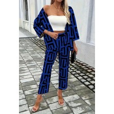 Mossta Geometrik Desenli Ceket Pantolon Ikili Takım - Saks
