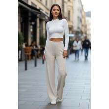 Mossta Yüksek Bel Geniş Paça Triko Pantolon - Bej