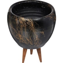 CetKing Siyah Üzeri Gold Mermer Efektli Toprak Saksı, Ikili Set, 3 Ayaklı/ayaksız 16 cm