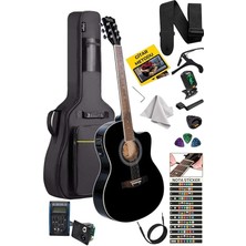 CetKing XC-300XBK-EQ Profesyonel Siyah Elektro Akustik Gitar 4/4 Yetişkin Üst Segment (Kahve Gigbag Çanta Tuner Capo Askı Jak Kablo Pena)