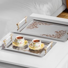 CetKing Yüzük 2li Paslanmaz Çelik Gümüş Kahve Tepsisi Gold Beyaz Desenli Dekoratif Servis Sunum Tepsisi