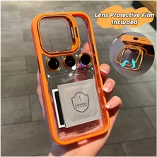 CetKing Aksesuar Turuncu Kılıf + Lens Koruyucu Standlı Kenarı Renkli Silikon Arkası Sararmaz Şeffaf iPhone 13 Pro Max ile Uyumlu
