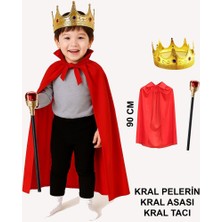 Çocuk Kral Kostüm Seti – Kırmızı Pelerin, Taç ve Asa (90 Cm)