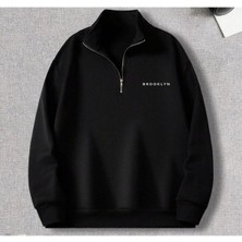 Unisex Brooklyn Baskılı Yarım Fermuarlı Dik Yaka Sweatshirt