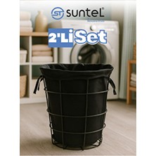 Suntel 2'li Set Siyah Metal Çerçeveli Kirli Sepeti - Çıkarılabilir Kumaş Iç Astarlı SG104