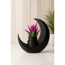My Çiçekçim Ay Şeklinde Dekoratif Mini Saksı ve Yapay Pembe Sukulent | Modern Masa Üstü 3D Baskı Biblo