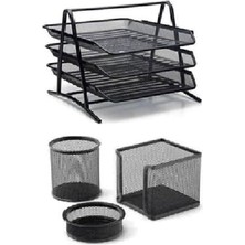 CetKing Metal Masa Üstü Perfore Evrak Rafı 3lü+3lü Kalemlik Seti