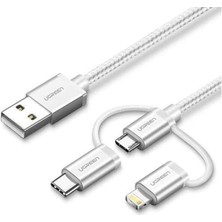 CetKing 3'ü 1 Arada Ios Lightning Type-C Micro USB Şarj ve Data Kablosu Gümüş 1 Metre