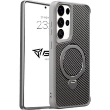 CetKing Samsung Karbon Fiber Materyal Stand Özellikli Lens Çerçeveli ve Sararmayan Güçlü Darbe Emici Premium Kılıf (Gümüş Rengi, Galaxy S25 Ultra)