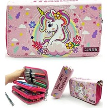 CetKing Kalem Kutusu Unicorn Bahar Temalı Kawai Organizer Kalemkutu Vegan Deri Üç Bölmeli Kalemlik- Pembe