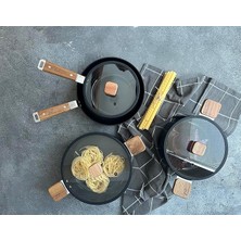 CetKing Bien Black 7 Parça Indüksiyonlu Tencere Tava Seti Akasya Ağacı Sap ve Kulpl