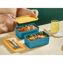 CetKing Mega Boy 2 Katlı Yemek Saklama Kabı 2 Litre - Kendinden Çatal Kaşık Servisli Lunch Box Set (Yeşil)