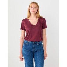 Jimmy Key Bordo V Yaka Kısa Kollu Modal Örme Tişört