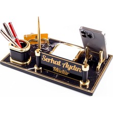 CetKing Royal Mermer Desen Ahşap Gold Kalemli Masa Isimliği Ofis Masaüstü Isimlik Seti Ofis Hediye Yeni Iş
