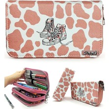 CetKing Kalem Kutusu Inek Desenli Kawai Organizer Kalemkutu Vegan Deri Üç Bölmeli Kalemlik -Nude(Pembe)