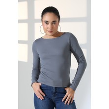 Endies Uzun Kollu Kayık Yaka Vücudu Saran Basic Kadın Body T-Shirt 21897 Boyalı Gri