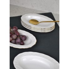 Qualitev 6\\\'lı Gold Yaldızlı Porselen Kayık Tabak 12X19 cm Sunum Tabağı Orta Boy