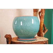 CetKing Tasarımı Ev Dekorasyon Turkuaz Artistik Çift Sırlı Iç ve Dış Mekan Kullanımlı Tabaklı Toprak Terrakota Saksı Saksılık Salon Çiçeklik