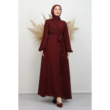 Bağlama Detay Şifon Elbise Bordo