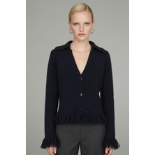 Qoolest Kadın Gömlek Yaka Etek Ucu ve Manşeti Püsküllü Yumuşak Dokulu Düğmeli Triko Hırka