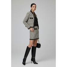 Qoolest Kadın Yünlü Tüvit Görünümlü Ekose Desenli Gold Düğmeli Kontrast Biyeli Şık Triko Takım