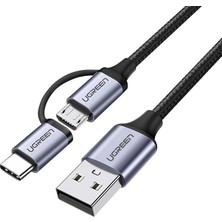 CetKing 2'si 1 Arada Örgülü Type-C Micro USB Şarj ve Data Kablosu 1 Metre