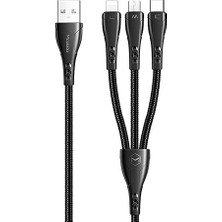 CetKing CA-6960 3in1 Lightning-Micro-Type-C Şarj Kablosu 3A 1.2m Siyah