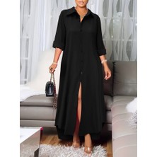 Martcini Kadın Uzun Kollu Yakalı Önden Düğmeli Uzun Dokuma Elbise