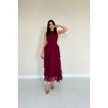 Martcini Bordo Önü Büzgülü Fırfırlı Elbise