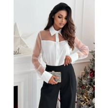 Martcini Kadın Uzun Kollu Yakalı Önden Düğmeli Tül Detaylı Dokuma Viskon Bluz