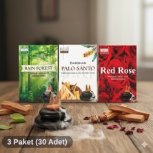 Darshan Geri Akışlı Şelale Tütsü 3'lü Set (Rain Forest, Palo Santo, Red Rose) - 30 Adet