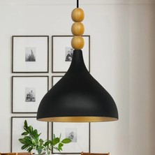 Bamyum Uzun Siyah Boncuklu Tekli Sarkıt Ahşap Başlık Avize Salon Mutfak Cafe Restoran Lamba Avize