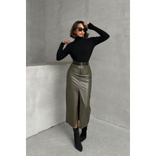 Studio Fashion 1988 Kadın Haki Önden Yırtmaçlı Şardonlu Midi Boy Cepli Deri Etek