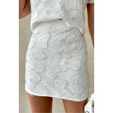 Studio Fashion 1988 Kadın Beyaz Boncuk Işlemeli Çiçekli Etek