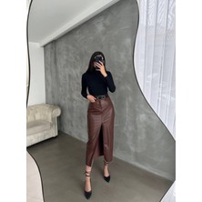 Studio Fashion 1988 Kadın Acı Kahve Önden Yırtmaçlı Şardonlu Midi Boy Cepli Deri Etek