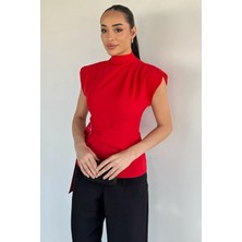 Gülseli Kadın Dik Yaka Bel ve Omuz Drapeli Kemer Detaylı Bluz P-00019473