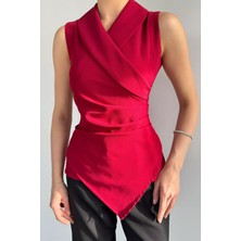 Gülseli Kadın Kruvaze Yaka Drape Detaylı Asimetrik Bluz P-00019468