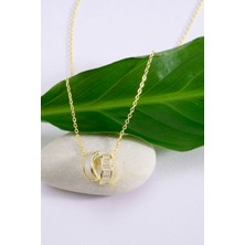 Altın Kaplama 925 Ayar Gümüş Çift Yarım Halka Motifli Sedefli & Baget Taşlı Kolye