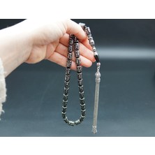 Siyah İnci Oltutaşı Kapsül Kesim Nakış Işlemeli Oltu Taşı Tesbih SK000155