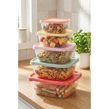 Poomy 5'li Renkli Kapaklı Kare Saklama Kabı Seti - Buzdolabı Içi Düzenleyici Erzak Kutusu