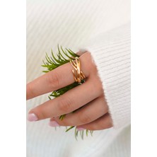 Trend Collection Minimal Gold Çapraz Form Üç Halkalı Şık Kadın Yüzük - Ayarlanabilir