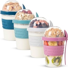 CetKing Take And Go Kaşıklı Hazneli Meyveli Yoğurt Kabı Piknik Iş Atıştırmalık Diyet Müsli Granola Süt Bardağı (4'lü Set 2)