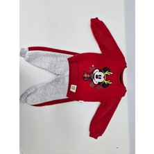 Evitle Unisex Kırmızı Gri Noel Mickeyli Baskılı Polar 2'li Takım 6-9 Ay