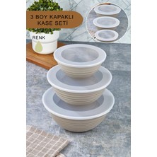 Poomy 3'lü Kapaklı Kase Set - Çizgili Saklama Kabı Seti- 1X(1000 ml - 2000 ml - 3000 Ml)