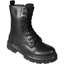 Yaz Kış Ayakkabı Yazkış Kadın Siyah  Cilt Yandan Fermuarlı 15CM Bilek Boyu 4cm Kalın Taban Termo Taban Postal Bot