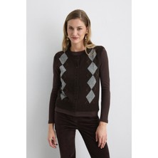 Gusto Baklava Desenli Triko Yün Yelek - Kahverengi