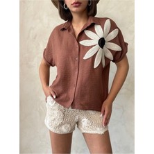 Studio Fashion 1988 Çiçek Detaylı Tasarım %100 Keten Kısa Kol Gömlek